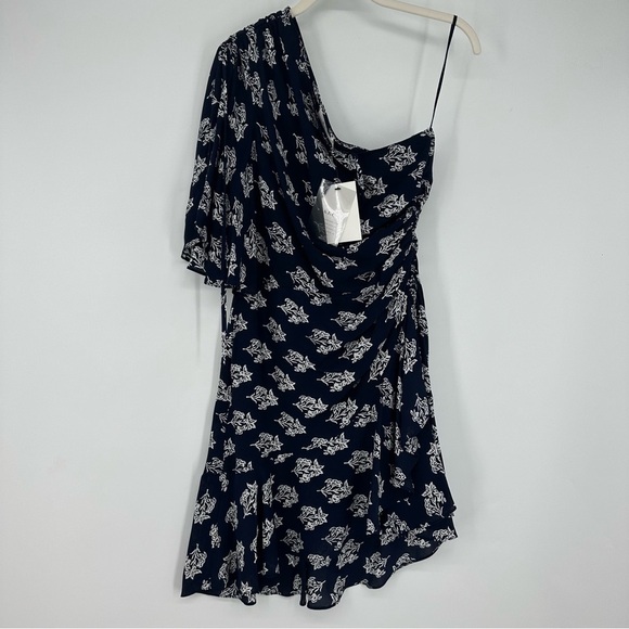 A.L.C. Misha Silk Navy Blue White One Shoulder Dress Size 8 - Picture 2 of 7